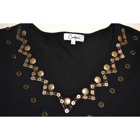 Carducci Glam Retro Evening Date Night Winter Embellished Knit V-Neck Top Black - Picture 8 of 8
